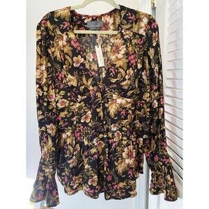 NEW Anthropologie Deep V Neck Satin Floral Long Bell Sleeves Tunic Blouse Top XL